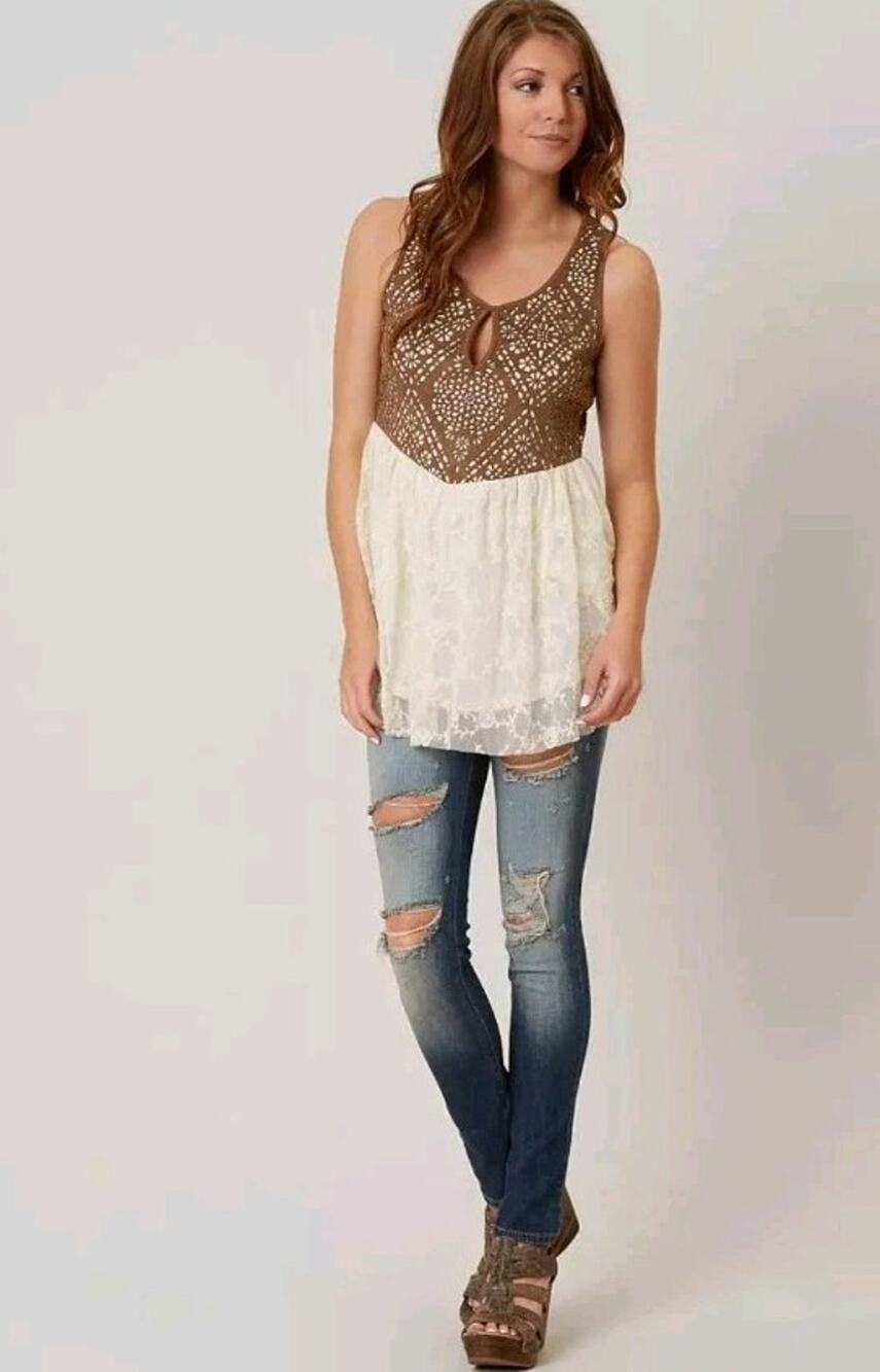 Gimmicks By BKE Crochet Lace Top Open Back Embroidered Fairy Grunge Boho Hippie